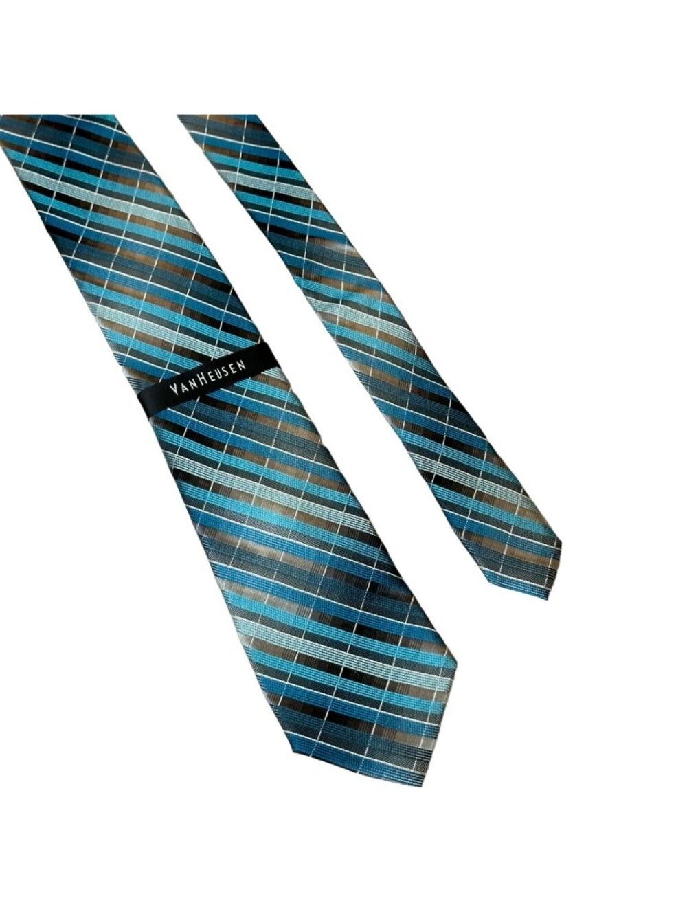 Van Heusen Mens Designer Tie 100% Silk Blue Gray Plaid Checks Necktie Dad Gift